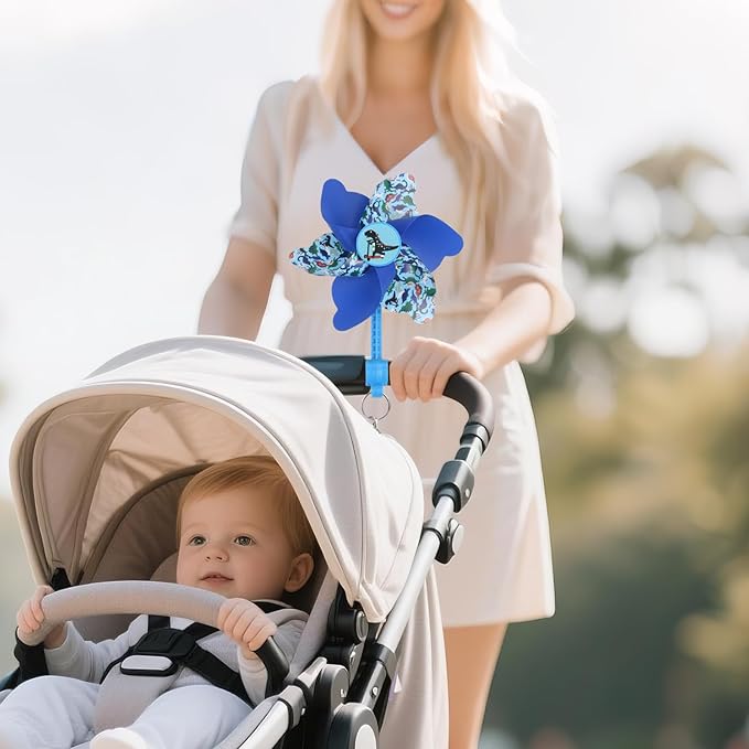 Rotating Pinwheel Stroller Identifier, Stroller Identifier Sign Flag, Stroller Finder Hanger with Rainbow Pinwheel and Ribbon, Quick Search Your Stroller in Theme Park Airport Mall (Blue)