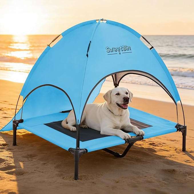 S/M/L Outdoor Elevated Dog Cot with Canopy & Side Shade for Camping Small Medium Dogs (Carry Bag), Portable Cooling Raised Dog Bed