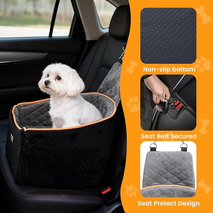 Dog Booster Car Seat for Small & Medium Dogs Up to 35lbs, Dog Car Seat with 2 Height Cushion, Portable Travel Bed for Front & Back Seats with Remove Cover, Storage Pocket - Black