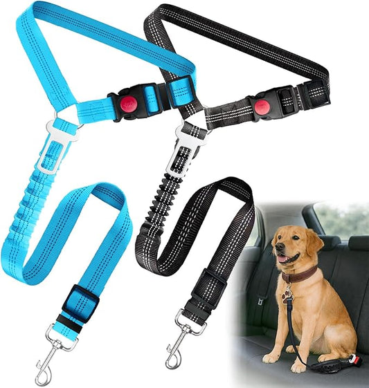2-Pack Dog Car Seat Belt, 3-in-1 Headrest-Mounted Dog Seatbelt for Car, Adjustable Nylon Pet Safety Leash with Elastic Buffer & Reflective Stitching, Durable Car Harness for Dogs Fits Most Vehicles