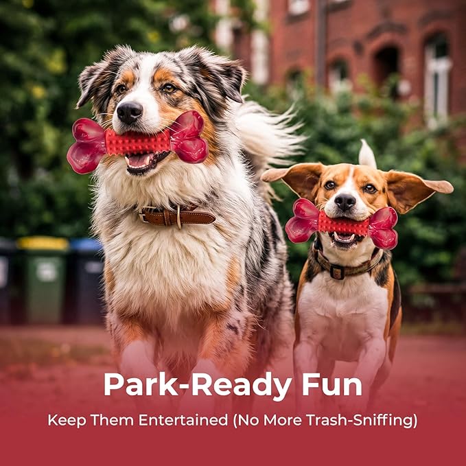 4-Pack Tough Dog Toys for Aggressive Chewers: Beef Flavored Long Lasting Dog Bones for Large Dogs, Heavy Duty Nylon & Rubber Dog Chew Toys to Keep Them Busy, Medium & Large Breed, Red