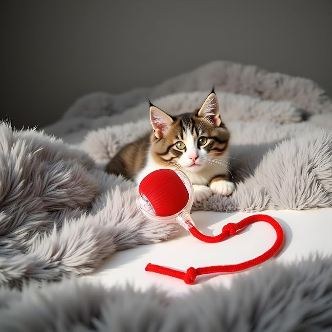 Interactive Dog Cat Toy Ball, Electric Automatic Rolling Moving USB Rechargeable Self Activated Stimulation Toy with Speedy Tail Rope for Indoor Cats and Dogs (Red)