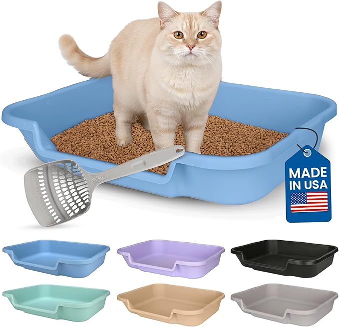 KittyGoHere Senior Cat Litter Box, Large Litter pan with Long-Handle Jumbo Scoop, Open Top Low Entrance Kitty Litter Box, Lightweight Low Entry Litters Box, Durable, Made in USA (Little Boy Blue)