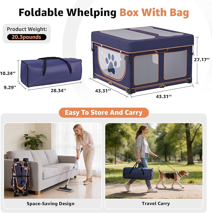 LOOBANI Foldable Dog Playpen Outdoor: 1 Min Setup Pet Puppy Playpen Indoor with Cover & Bag, Portable Dog Fence for Yard, RV Camping, Travel-43.3"x43.3"x27.1"│Patented (Blue+Yellow)