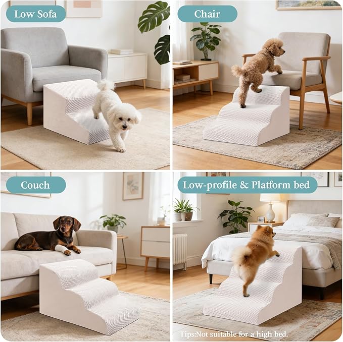 Dog Stairs for Small Dogs, 3-Step Dog Steps for Couch Sofa and Chairs, High-Density Foam Pet Steps Ramp with Removable Washable Cover for Older Injured Puppy Dogs and Cats, 13.78" H, Beige