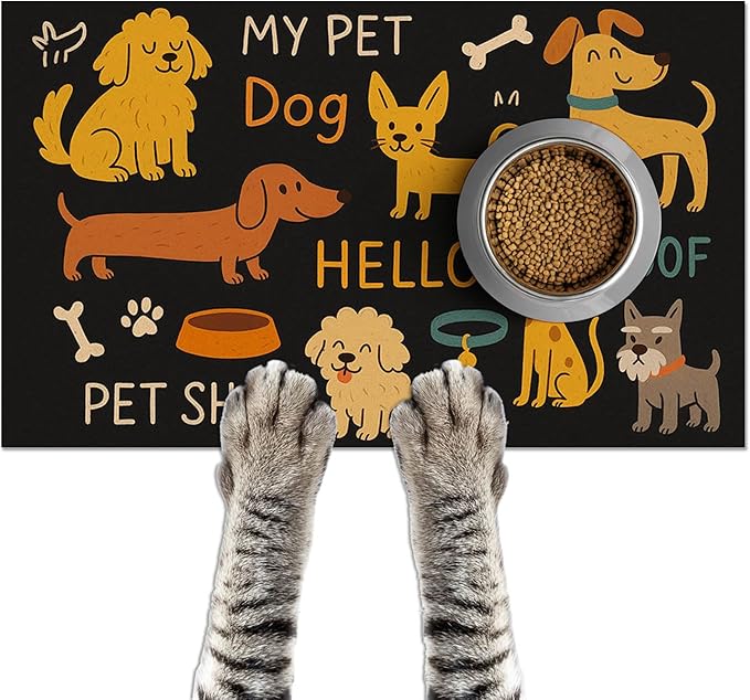 HOMETITUTE Cute Happy Dog Pattern Design Pet Food Mat 20" x 12" Fun Easy Clean Pet Feeding Mat Absorbent Cat Bowl Mat Non Slip Dog Foods Mats Pets Placemat for Dogs and Cat Feeding