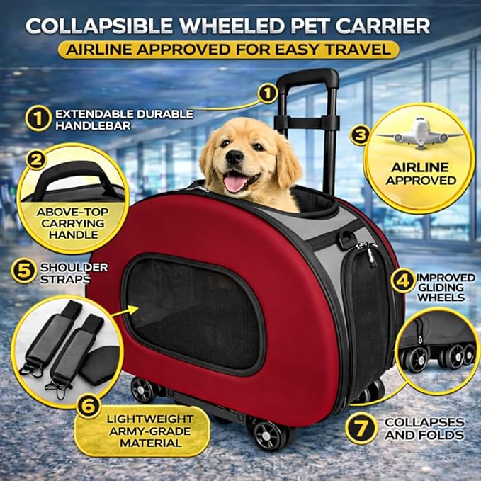 Pet Life ® 'Final Destination' Military-Grade Hardshell and Light 2-in-1 Wheeled or Carrying Travel Airline Cat and Dog Carrier Crate or Portable Pet Kennel
