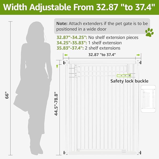 78.8" Extra Tall Pet Gate for Cat/Dog, 32.8-37.4" Wide Tall Cat Gate for Doorways/Hallways, NO Drilling Pressure Mounted Dog Gate for Stairs, Studio, Kitchen (White)
