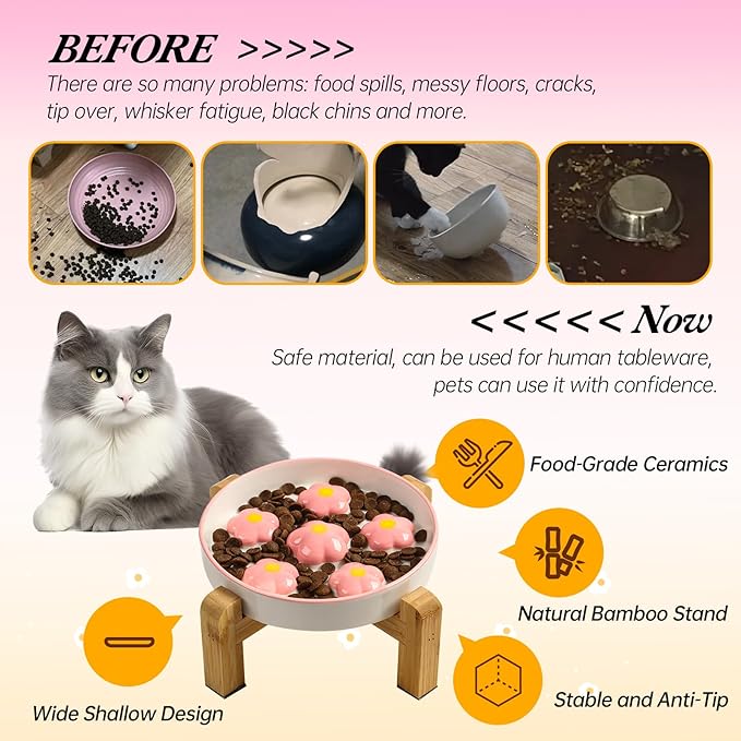 Elevated Slow Feeder Cat Bowl - Maze Puzzle Cat Food Dish with Bamboo Stand, Anti-Slip - Raised Base for Comfortable Eating - 6 OZ - Blush Pink Flower