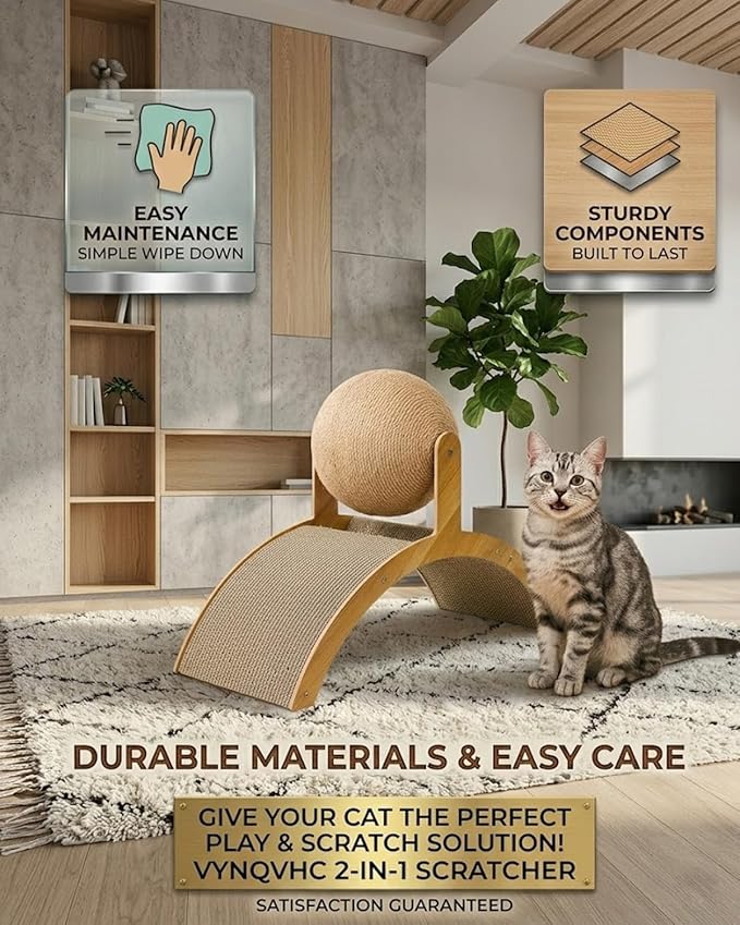 Wobble Ball Cat Scratcher, Cat Scratching Ball on Stand, 2-in-1 Interactive Cat Scratcher with 360° Rotating Sisal Ball & Arch Bridge, Solid Wood for Indoor Cat Kittens - Protects Furniture & Rugs (S)