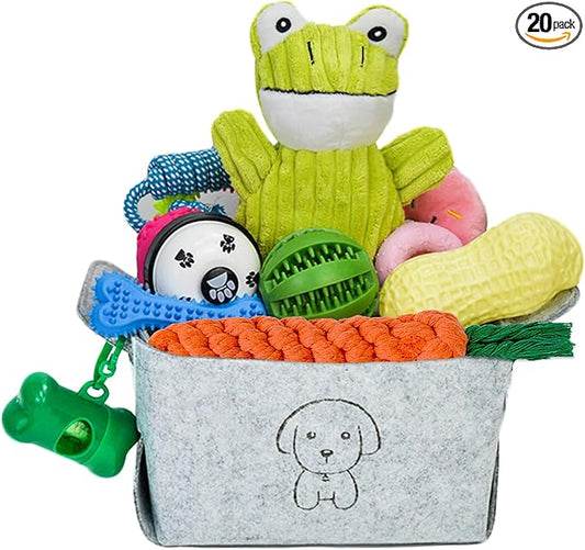 MRSOHRET 20Pcs Puppy Chew Toys for Teething, Dog Chew Toys with Rope Toys, Pet Dog Toothbrush, Treat Balls, Plush Toys and Squeaky Toy for Small Medium Dogs with Basket