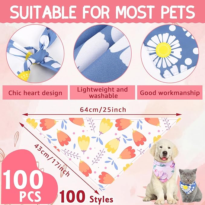 Huhumy 100 Pcs Spring Floral Dog Bandanas Bulk Pet Bibs Colorful Triangle Scarf Floral Pet Bandanas for Medium Large Dogs Spring Summer Birthday Costume Decoration