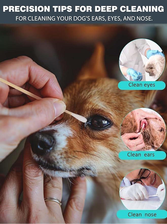 Dog Ear Swabs 600 Count Refill – 6 Inch Bamboo Cotton Swabs for Dogs & Cats, Lint-Free Large Absorbent Round Tips for Ear Wax Cleaning & Tear Stain Removal, 6 Resealable Packs (No Box)