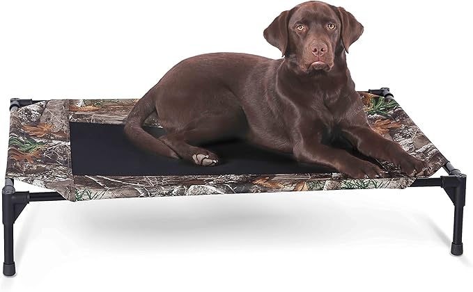 K&H Outdoor Elevated Dog Bed - Cooling Raised Dog Bed for Medium & Large Pets, Breathable Mesh Center Hammock Design, Indoor/Outdoor Washable Cover, Portable Metal Frame, Camo, Large 42x30in