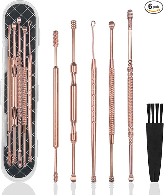 Hion 6 Pcs Ear Wax Removal Kit,Professional Double-Headed Ear Pick Earwax Removal Tools,316L Stainless Steel Ear Cleaner Curette with Cleaning Brush and Storage Box,Suit for Kid Adult(Rose Gold)