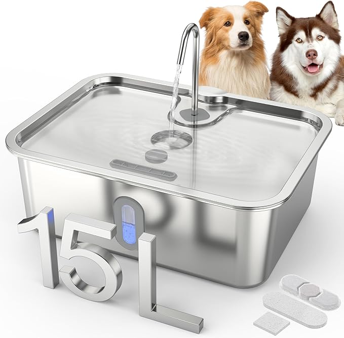 Dog Water Fountion for Large Dogs,15L/4 Gal Stainless Steel Automatic Pet Water Dispenser,Ultra Quiet Dog Fountain Water Bowl with Water Level Window & LED Light, Include 1Set Filter