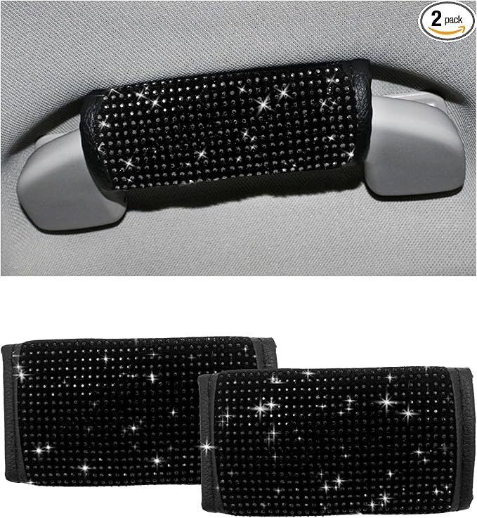 Wevdn 2 PCS Car Grab Handle Cover, Bling Rhinestone Handcraft Auto Door Handle Protector, Soft PU Leather Seat Belt Covers for Women Girls, Interior Accessories for Most Cars (Black)