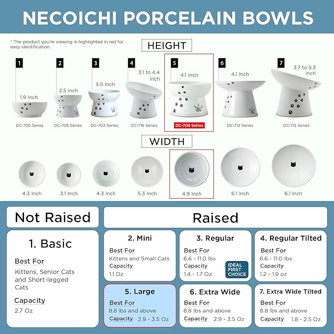 Necoichi Raised Cat Food Bowl – Ceramic Elevated Cat Bowl for Whisker & Neck Fatigue, Dishwasher Microwave Safe – Non-Slip & Anti Vomiting Ergonomic Design (Cats, Large) (Pack of 2)