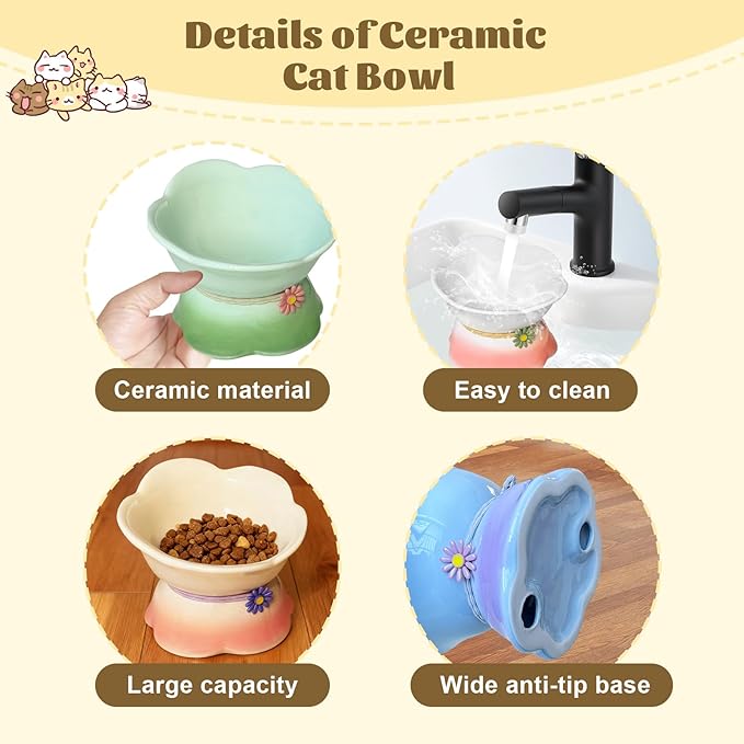 4Pcs Ceramic Raised Cat Bowl Elevated Cats Bowls Tilted Cat Food Dishes Pet Bowl Stand Feeder Cute Cats Bowl for Kittens Puppies Small Dog Whisker Fatigue Protect Kitten Spine