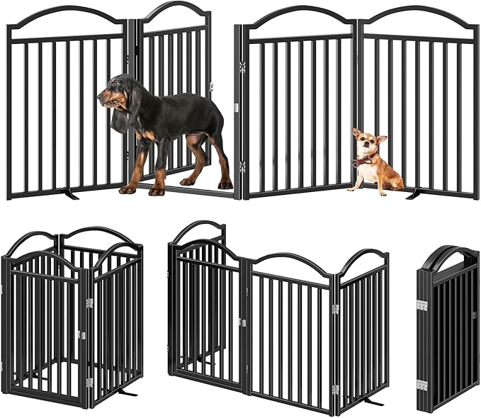 BHG Metal No-Assembly Freestanding Dog Gate with Door Walk Through, Extra Wide 80", Extra Tall 30" Pet Gate, Accordion Puppy Folding Playpen Dog Fence for Indoor & Outdoor, with 2PCS Support