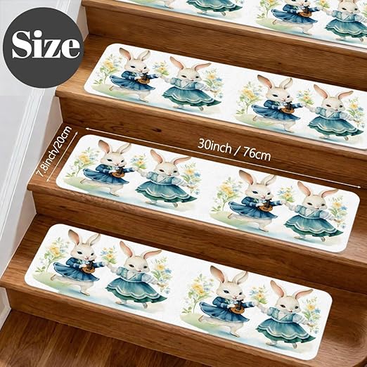 Animal Cute Rabbit Watercolor Stair Treads for Wooden Steps Indoor Washable Staircase Carpet 10PCS 30"x7.8" Stair Step Treads Non-Slip Staircase Covers Peel and Stick Safety Mat for Kids Elders Pets