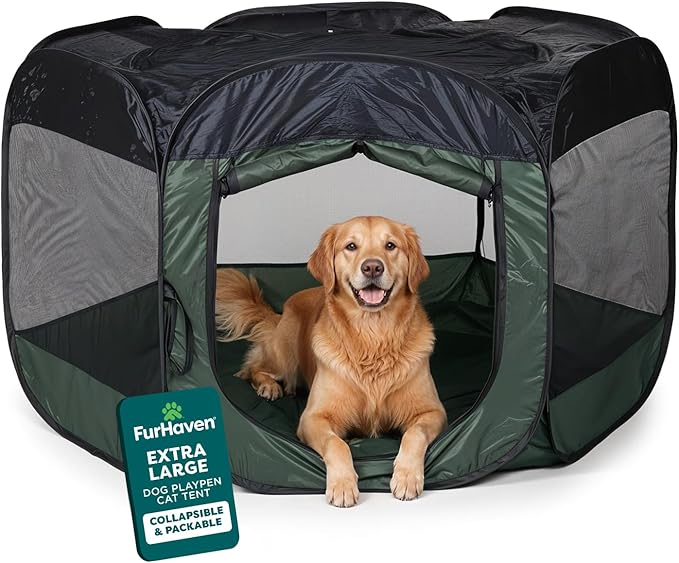 FurHaven Soft-Sided Dog & Cat Playpen, Portable Foldable Indoor & Outdoor Pet Playpen with Mesh Windows & Zippered Door, Hunter Green, Extra Large