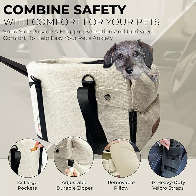 Center Console Dog Car Seat for Small Dogs and Puppies 5-13Lbs, Ideal Armrest Booster Car Travel Seat with Safety Protection Seat Belts, Storage Pockets - Reduces Anxiety (Woven - Beige)