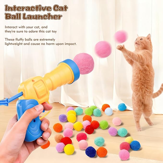 Kerros Interactive Cat Ball Toy with 1 Plastic Launcher Gun and 30 Fuzzy Pom Pom Balls, Funny Interactive Cat Toys for Indoor Self Play Cat Kitten Toys for Swatting, Biting, Hunting, Exercise