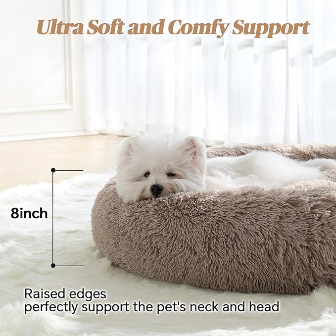 Calming Small Dog Bed, Donut Fluffy Anti-Anxiety Round Washable Cute Bed, Plush Cozy Cuddler Warming Soft Comfort Pet Bed for Small Medium Dogs Cats, 28inch,Brown