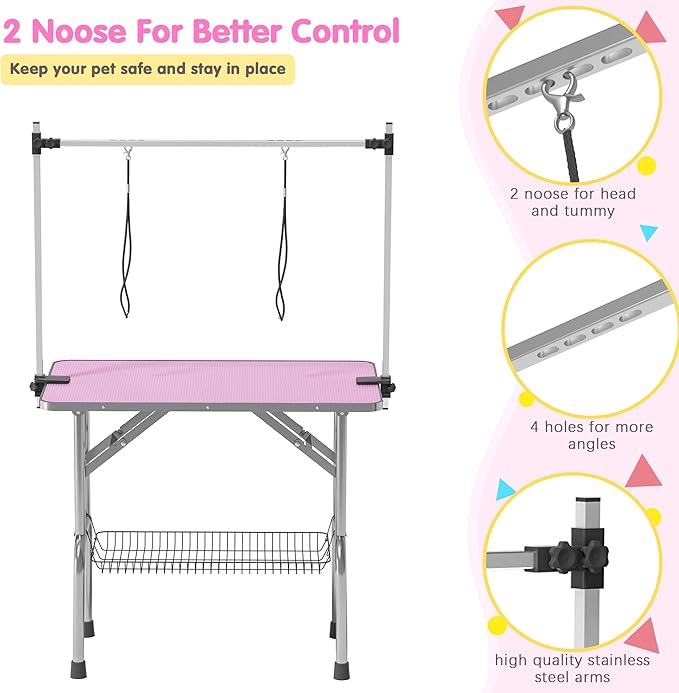 Dog Grooming Table, Adjustable Large Pet Drying Desktop, Foldable Bathing Desk with Arms, Noose, Mesh Tray, Maximum Capacity Up to 330Lb, 42in, Pink