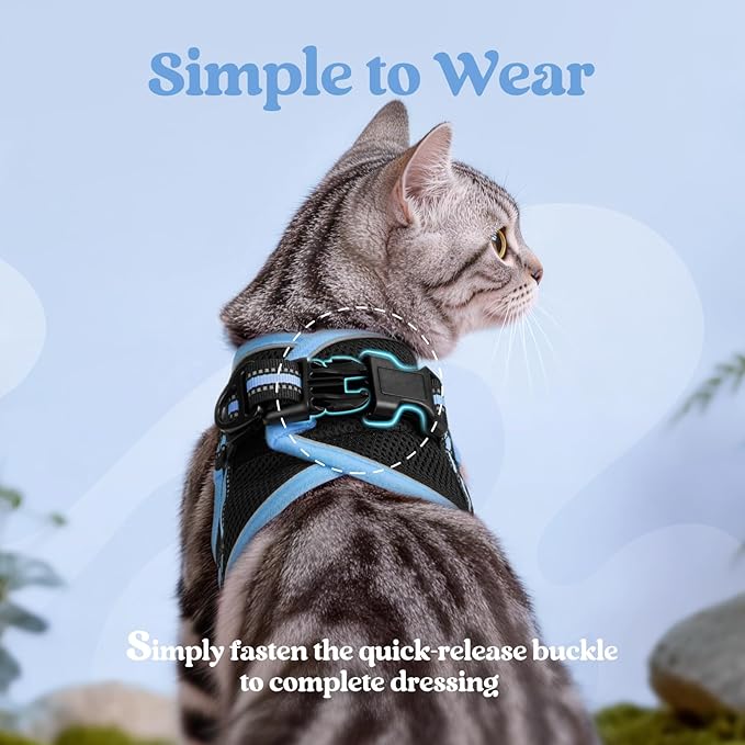rabbitgoo Cat Harness and Leash, Step-in Escape Proof Kitten Harness Set, Soft Comfortable Cat Vest, Easy to Wear and Adjust, Reflective for Safe Outdoor Walking, Black&Light Blue, Large