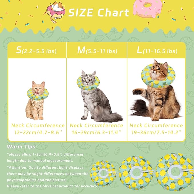 Seyezo Cat Cone Collar Soft, Adjustable Cat Recovery Collars Kitten Cones to Stop Licking, Cute Donut E Collar After Surgery, Soft Cone Elizabethan Collar for Kittens (Green Lemon, Medium)