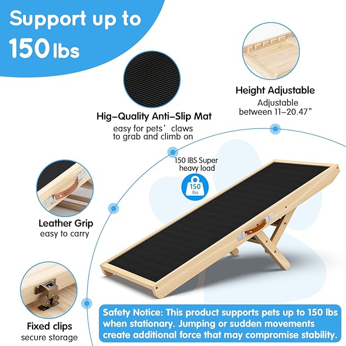 Dog Ramp for Couch with Non-Slip Silicone Mat, 39" Wooden Pet Ramps for Small Dogs, Hold up to 100lb, Adjustable Height from 11.41" to 20.47", Portable Stable Pet Step for Sofa Stairs