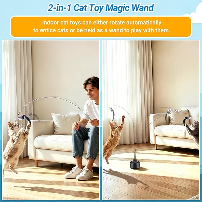 2 in 1 Electric Cat Wand Toy Interactive Cat Toys for Indoor Cats 360° Flying Bird Cat Toy, 2-Speed Fly Cat Chase Toy Automatic Cats Toys with Self ON/Off Suction Cup Electric Cat Teaser Wand