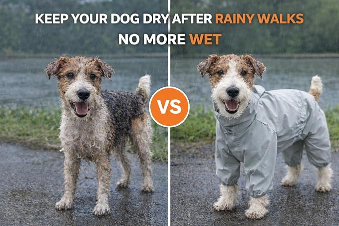 Dog Raincoat with Full Leg Coverage, Waterproof & Lightweight Rain Jacket for Small Dogs, Keep Belly & Legs Dry, Harness Compatible, Reflective Safety, with Storage Bag (X-Small)