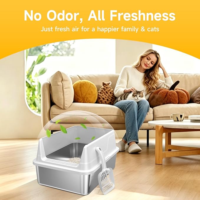 Stainless Steel Litter Box with High Sides, Small Metal Litter Box for Kittens & Senior Cats, Open Top Low Entry Non-Stick Easy Clean with Scoop, Gray