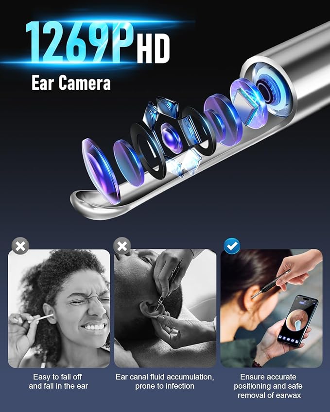 Ear Wax Removal Tool Camera, Ear Cleaner with Camera, Ear Cleaning Kit 1296P HD Ear Scope, 6 LED Lights and 6 Ear Picks, Earwax Removal with Otoscope to Earify Earwax for iOS and Android