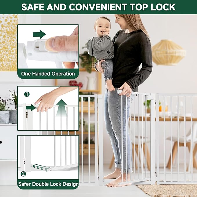 Snagle Paw Metal Freestanding Dog Gate with Door, 80” W x 24” H Dog Fence with Support Feet for Doorways, Stairs and Hallways, Portable Pet Gate for Indoor Use (4 Panel, White)
