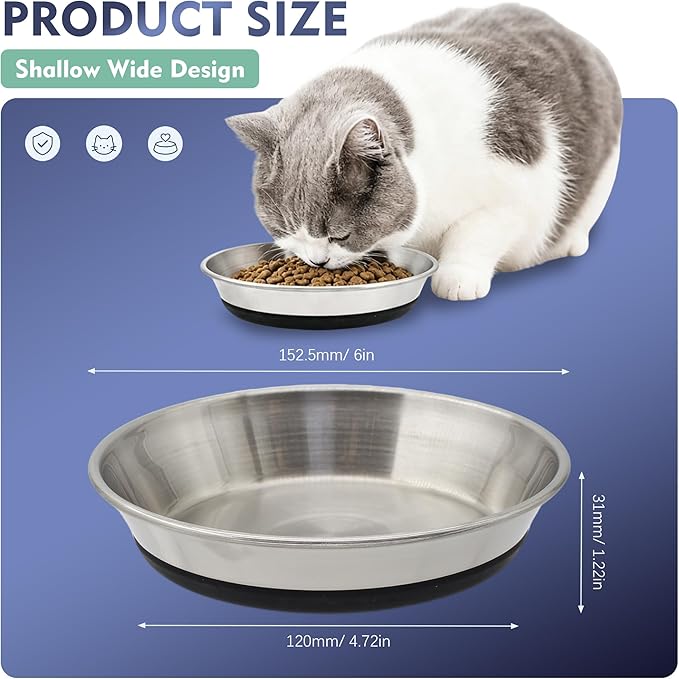 Stainless Steel Shallow Cat Bowls 2 Pack, Whisker Fatigue Free Design, Non-Slip Silicone Base, Heavy Duty Metal Plates, Replacement for Elevated Stands, Suitable for Cats, Kittens and Small Dogs