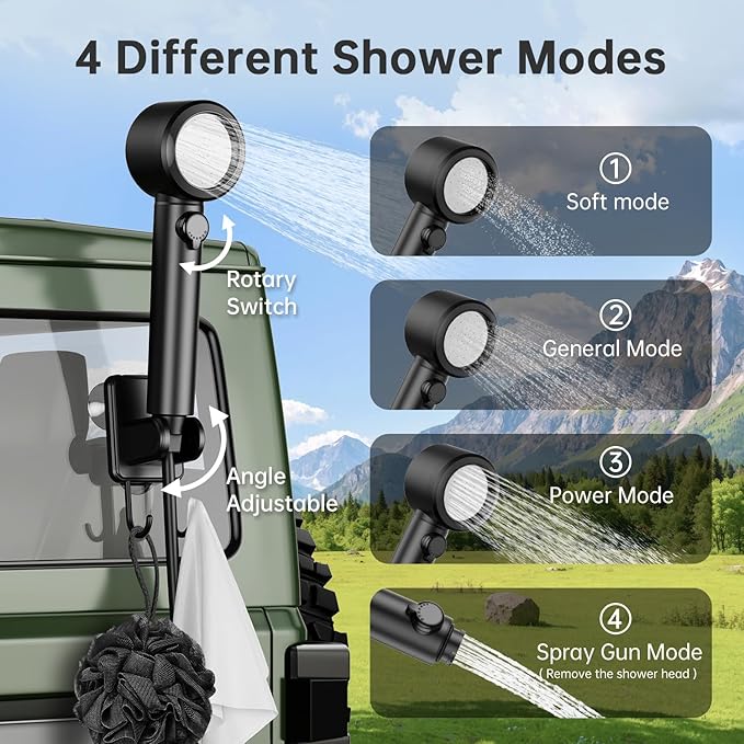 IGRL Portable Shower - 8000mAh Rechargeable Camping Shower Pump with Bath Sponge, 4 Spray Modes, IPX8 Waterproof, Ideal for Outdoor Camping, Travel, Car Washing, Pet Bathing, and Watering Plants