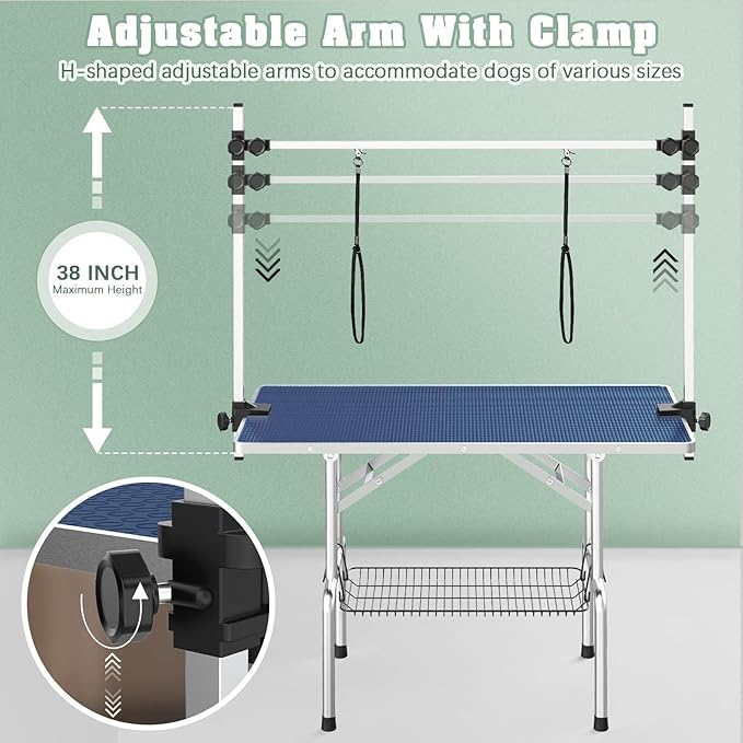 Dog Grooming Table, Adjustable Large Pet Drying Desktop, Foldable Bathing Desk with Arms, Noose, Mesh Tray, Maximum Capacity Up to 330Lb, 36in, Navy
