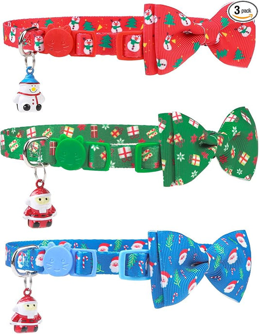 PUPTECK Cat Collar Breakaway with Bells, Kitten Collar Outfit Adjustable for Girl Boy Small Pet Puppy Bunny, Cute Costume Accessory with Safety Release Buckle (Bowtie-Christmas)