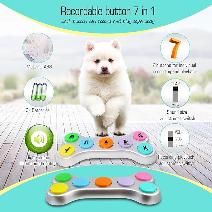 Dog Buttons for Communication, 7pcs Recordable Talking Buttons Set with Scene Stickers, Pet Training Buttons for Puppy Small Dogs & Cats Black Color (Battery Included)