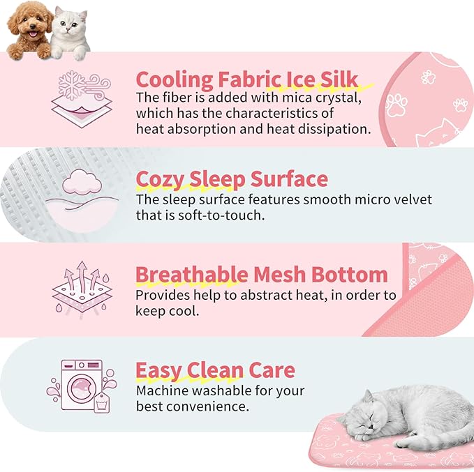 NWK Pack of 4 Pet Cooling Mat -Q-Max>0.345 Ice Silk Cooling Mat for Dogs & Cats Portable & Washable Pet Cooling Blanket, Car Seats, Beds for Summer (4pcs, Pink Cat, 27'' X 20'' X 0.3'')