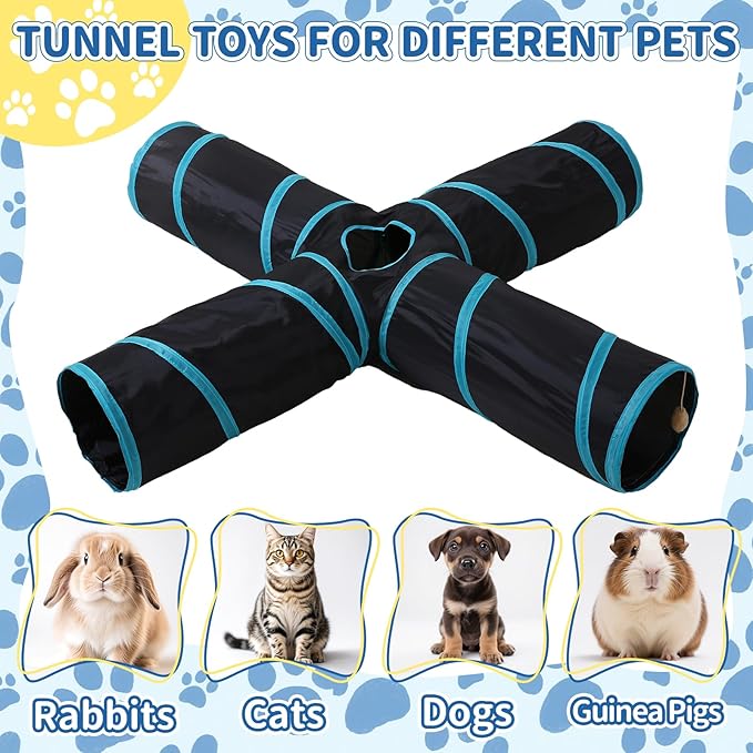 Pet Cat Tunnel, 4-Way Junction Tunnels for Indoor Cats, Collapsible Pet Tunnel for Kitten, Puppy, Rabbit, 25cm-Wide Tunnels, Durable & Breathable, with Peek Hole Toy Ball