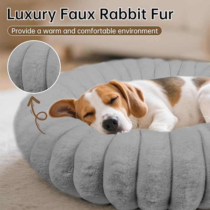 Donut Dog and Cat Bed, Luxurious Comfortable Faux Rabbit Fur Pet Beds, Round Anti-Anxiety Calming Puppy Kitten Bed with Anti-Slip Bottom for Small Medium Dogs & Cats(23", Grey)