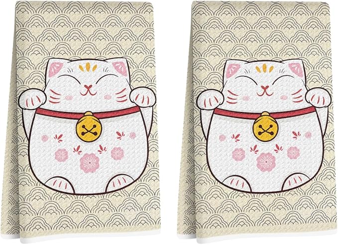 2 Pcs Cute Cat Kitchen Towels 14x24 Inch, Adorable Cats Waffle Hand Towels for Kitchen Home Farmhouse, Cat Lover Gifts for Cleaning Drying Wiping Tasks Dish Cloth Tea Towel Housewarming Gifts