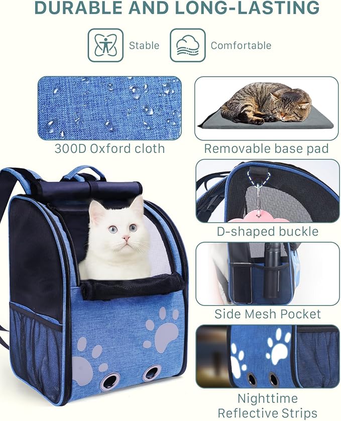 Cat Backpack Carrier, Ventilated Cat Backpack with Reflective Strips, Foldable Cat Carrying Backpack for Kitty Small Dog up to 15lbs (Blue)