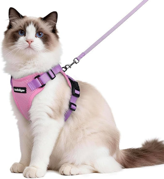 rabbitgoo Cat Harness and Leash Set, Escape Proof Vest Harness for Safe Outdoor Walks, Soft Breathable Adjustable Vest with Reflective Strips for Average to Large Cats, Pink & Purple, M