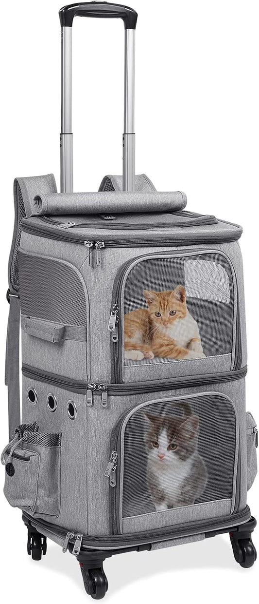 HOVONO Extra Large Double-Compartment Pet Carrier Backpack with Wheels for Small Dogs and Cats, Cat Rolling Carrier for 2 Cats, Perfect for Traveling/Taking a Walk/Trips to the Vet, Grey